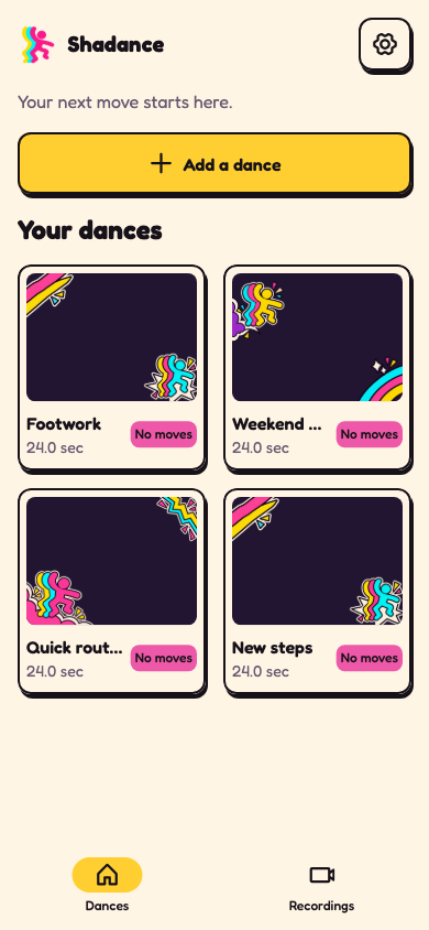 Shadance Dances screen: Add a dance, your saved videos, and the Recordings tab.